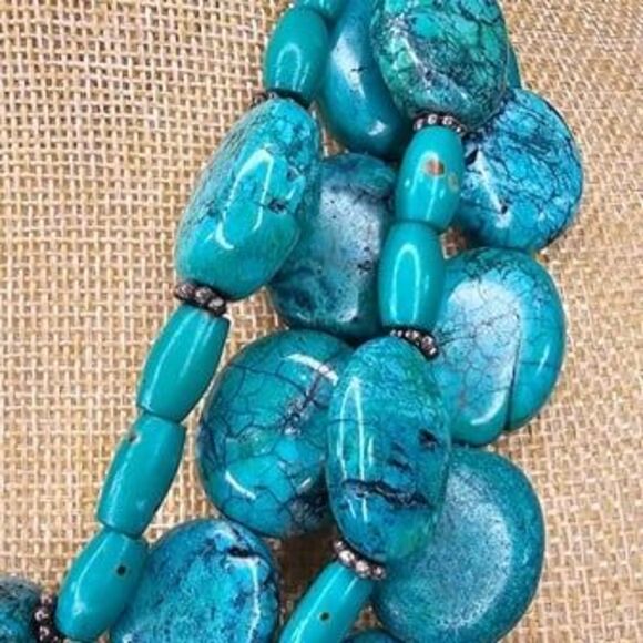 Natural Dark Teal Jadeite Stone Multi Strand Layered Necklace HEAVY 17"L - Picture 3 of 4